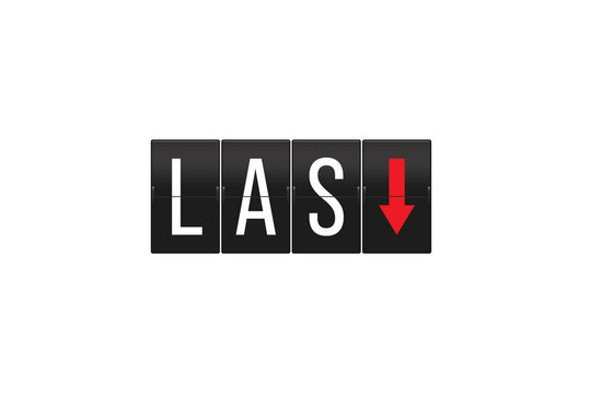 Airport code LAS appearing on a mechanical split-flap display board with a red down arrow indicating arrivals or a decreasing status, presented on a transparent background