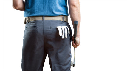 Male golfer rear view holding club with glove in pocket isolated from background © photoschmidt