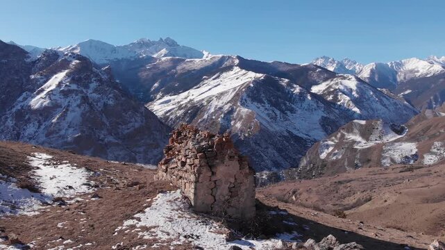 The Caucasus, North Ossetia. Alagir Gorge. A burial crypt in the mountains.