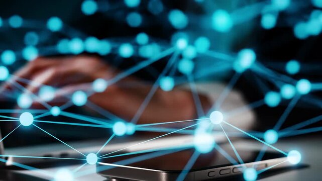 A person is typing on a keyboard while a smartphone sits on the table. There are connected dots and lines representing a digital network around them.