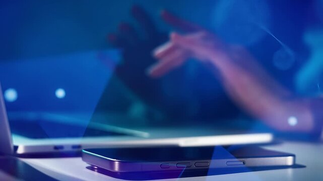 A hand is pointing at a screen while a smartphone sits on a desk. The setting is dark with blue lighting creating a modern atmosphere around the devices.
