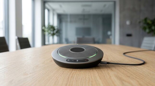 Modern Conference Speakerphone for Enhanced Business Communication on a Wooden Table