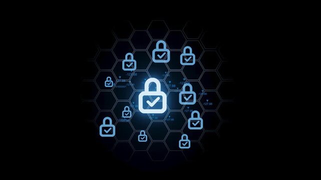 The scene shows a digital representation of locks and checkmarks arranged in a hexagonal pattern. This reflects themes of cybersecurity and data protection.