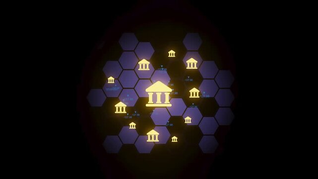 A network of hexagonal shapes connected with icons representing banks or financial institutions. The design highlights decentralized finance concepts.