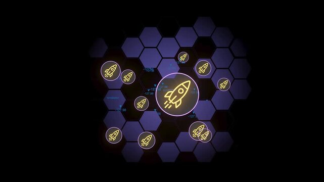 The setup shows a hexagonal grid filled with glowing rocket symbols. The background has digital elements, and the focus is on the rocket icons indicating a theme of technology and space exploration.