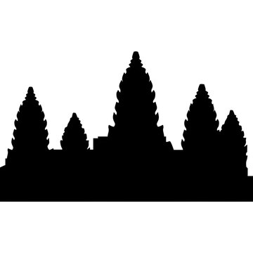 Black Temple Silhouette with Traditional Southeast Asian Architecture on White Background