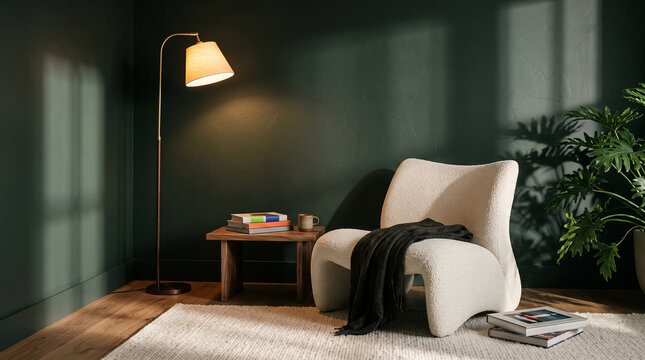 Contemporary reading nook with sculptural lounge chair, deep green wall, wooden side table, art books, warm floor lamp. Modern interior photography.