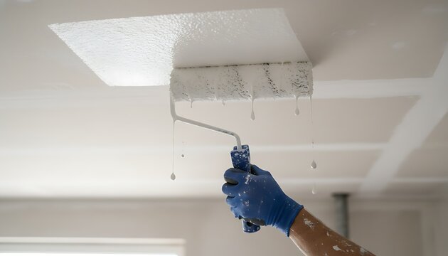 Closeup of a workers hand in a blue glove painting a ceiling with a paint roller, with white paint dripping from the roller
