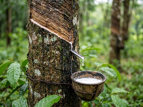 Natural rubber latex dripping from tapped hevea brasiliensis tree