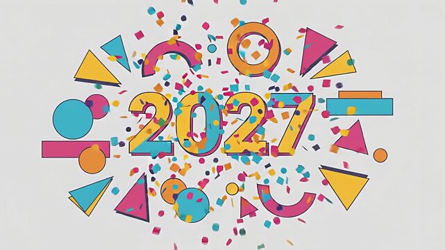 Vibrant Flat Design Animation Celebrating Happy New Year 2027 with Colorful Geometric Shapes and Confetti.