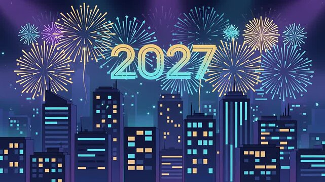 Festive 2D Animation of 2027 New Year Fireworks over a Stylized City Skyline.