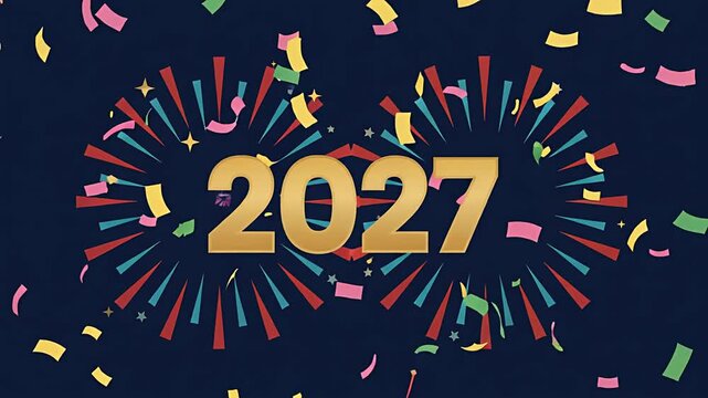 A festive animation celebrating New Year 2027 with golden numbers and colorful falling confetti.
