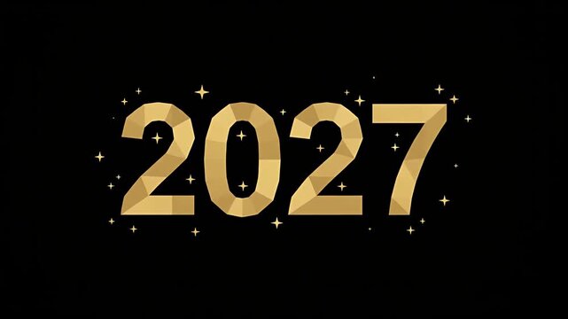 Gold 2027 Happy New Year text forming and exploding into confetti on black background.