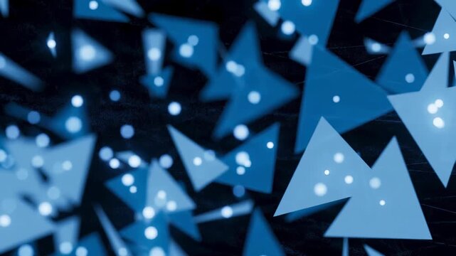 Blue triangles and small dots float on a dark backdrop in a digital space. The shapes seem to be randomly placed, creating a sense of movement and depth.