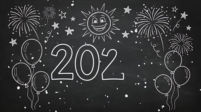 Glowing 2027 New Year text on a chalkboard background with chalk-drawn party decorations and falling particles.