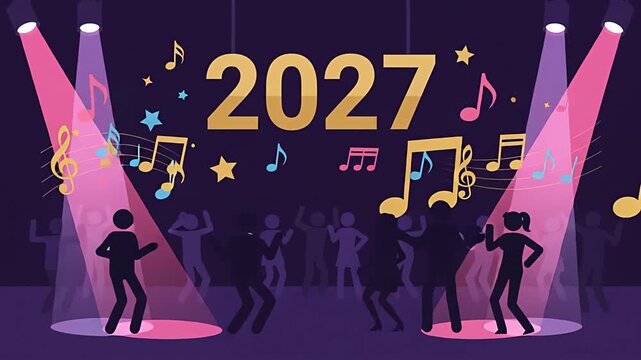 Vibrant 2D flat animation of people dancing at a 2027 New Year's Eve party with colorful spotlights and confetti.
