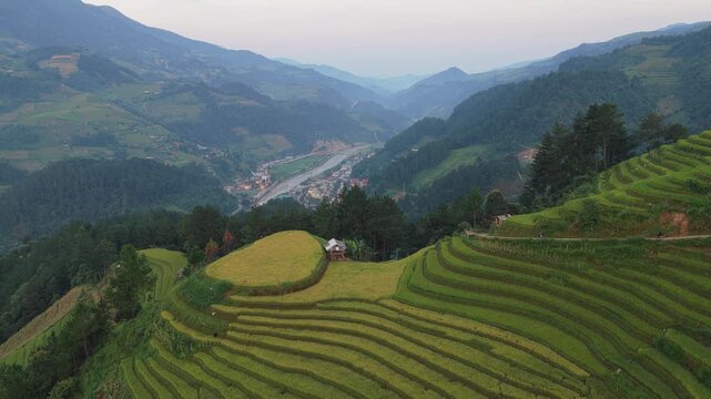 Sunrise casting light on mu cang chai horseshoe rice terraces