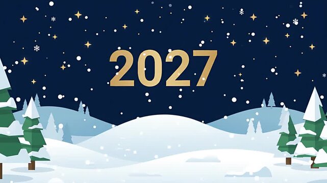 Flat Style 2D Animation of Happy New Year 2027 in a Snowy Winter Forest Landscape at Night.