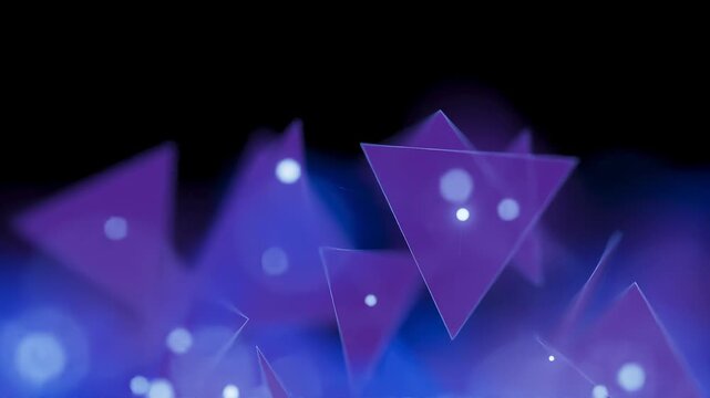 Purple triangles float in a dark space while glowing lights shine around them, creating a unique visual effect. The scene captures an imaginative and artistic arrangement.