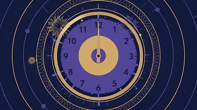 A stylized luxury purple and gold clock strikes midnight to celebrate the arrival of 2027 with fireworks and confetti.