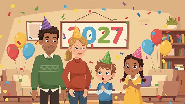 Diverse Family Celebrating New Year 2027 with Confetti and Balloons Animation.