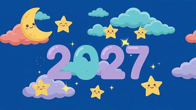 Cute Kawaii Style Happy New Year 2027 Animated Greeting with Smiling Stars and Moon.