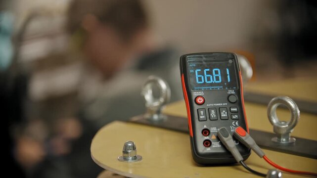 Digital multimeter measuring voltage in workshop