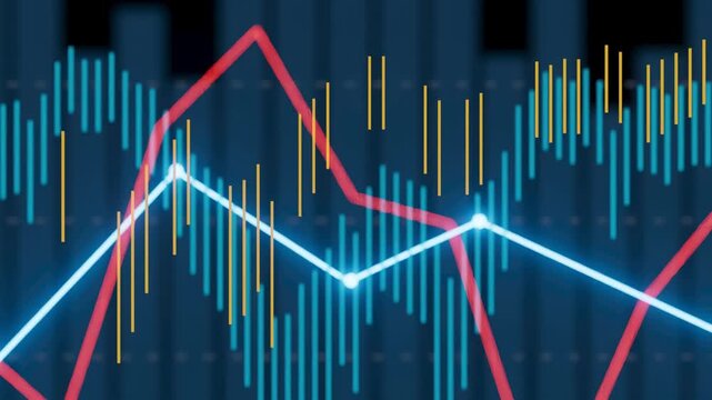 Colorful lines represent financial trends and market movements on a digital display. The background shows a grid, enhancing data visualization.