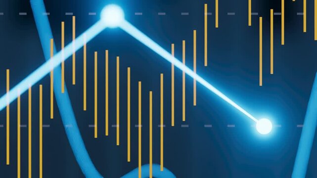 A chart displays data trends with blue lines and yellow bars. The background is dark. The graph illustrates fluctuations in values over time.