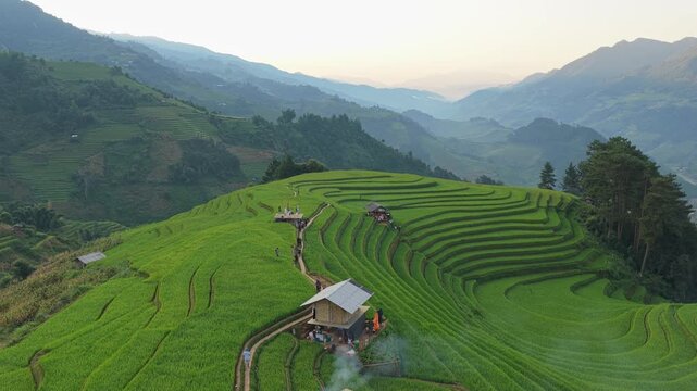 Aerial view of green rice terraces in mu cang chai vietnam