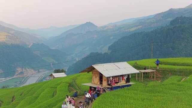 Tourists visiting mu cang chai rice terraces in vietnam