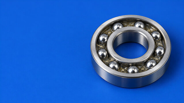 Steel ball bearing on blue background with copy space