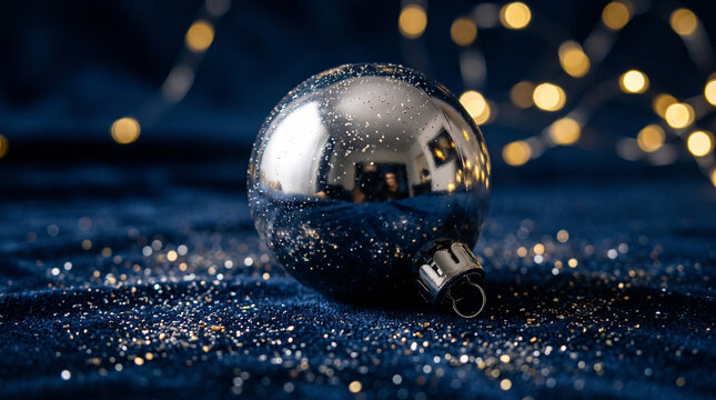 Silver bauble on midnight-blue surface, tiny sparkling particles, golden bokeh lights, elegant New Year Eve atmosphere. Close-up.