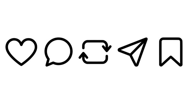 Minimalist social media icon set, 5 black outline vector symbols for like comment repost send and save, clean interface elements for mobile app design
