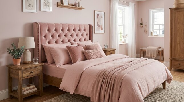 Cozy bedroom with a large bed featuring a pink tufted headboard and matching bedding next to a window
