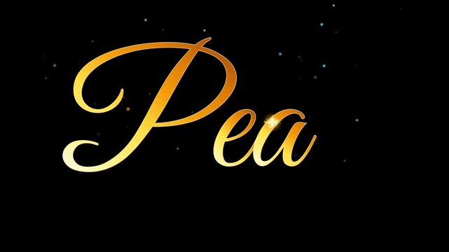 golden calligraphy text lettering peace on black background with sparkling particle effects for luxury motion design