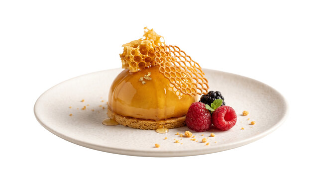 Honey glazed dome mousse cake with honeycomb garnish, gourmet honey dessert on white plate, elegant pastry with fresh berries and gold leaf
