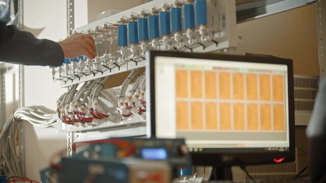 Electronic technician checking industrial equipment performance