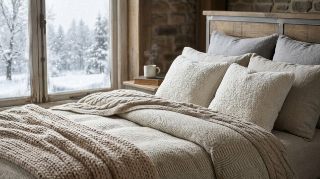 Cozy bedroom with a warm bed and blankets overlooking a snowy winter landscape through a large window