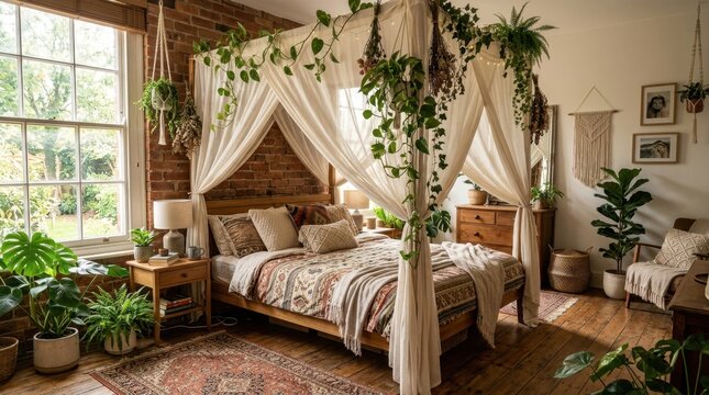 Cozy bedroom with a wooden canopy bed adorned with white drapes and green plants creating a serene bohemian ambiance