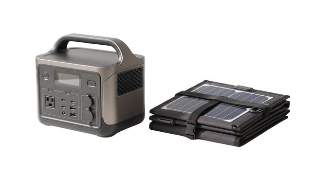 Portable power station with foldable solar panel, compact solar generator for camping, emergency backup battery and off-grid energy source