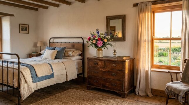 Cozy bedroom with an antique metal bed and wooden dresser in a rustic country house setting