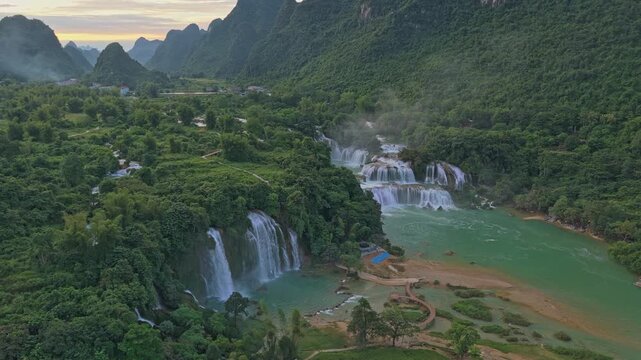 Aerial view of ban gioc detian waterfalls at sunset in asia