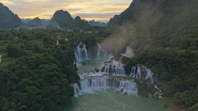Ban gioc detian waterfalls aerial view at sunset