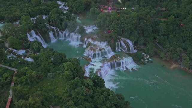 Aerial view of ban gioc waterfall in vietnam at sunset