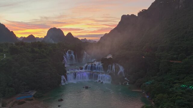 Aerial view of ban gioc waterfall in vietnam at sunset