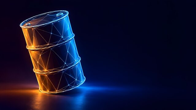 Futuristic wireframe polygonal oil barrel with blue and orange neon glow representing digital commodity trading and modern energy transition