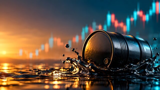 Black oil barrel in liquid spill with blurred financial candlestick charts representing petroleum market volatility and commodity trading risks