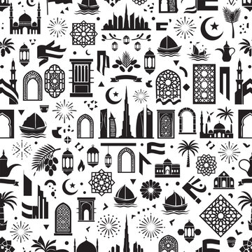 Arabic and UAE national day seamless pattern background with skyline and cultural elements.