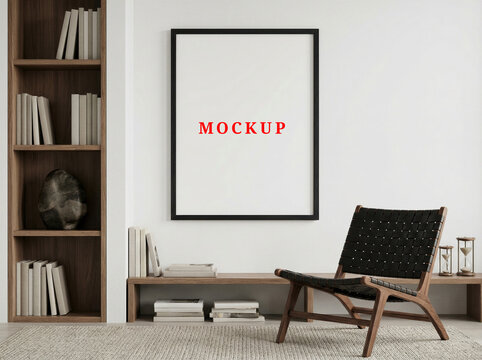Minimalist Living Room Interior Poster Frame Mockup Vertical Wall Art Placeholder Template